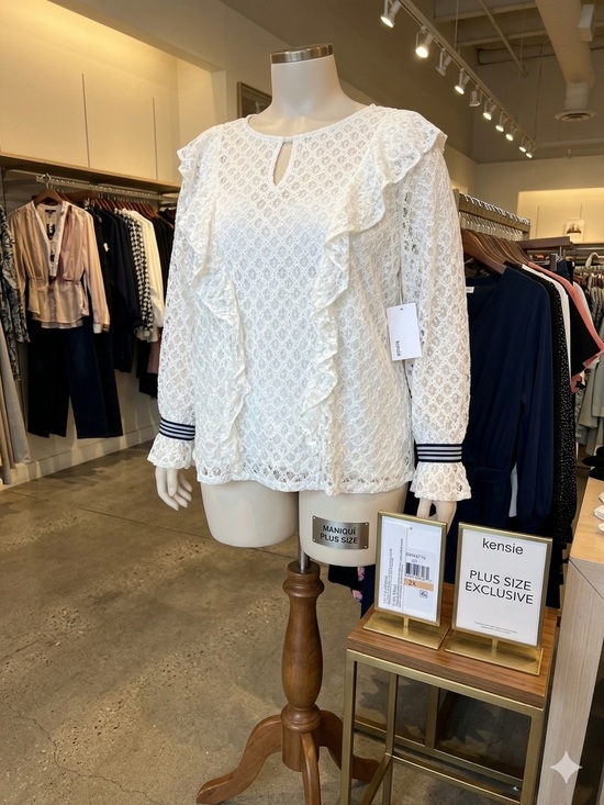 Kensie Tops - Kensie White Lace Ruffle Long Sleeve Blouse with Contrast Cuffs